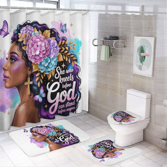 She Who Kneels (Floral Queen) Christian Shower Curtain Set with a shower curtain, a bath rug, a contour rug and a toilet lid cover. - ClaimedbyGodDesigns