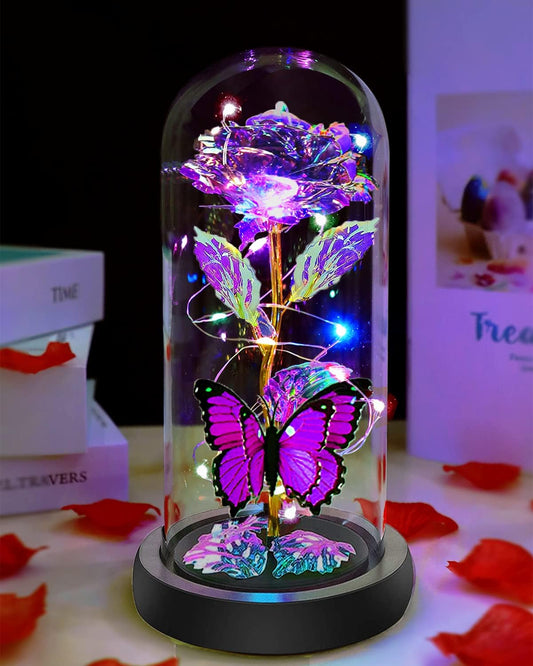Galaxy Crystal Butterfly with Rose Lit Up In Glass Dome Christian Mother's Day Gift claimedbygoddesigns