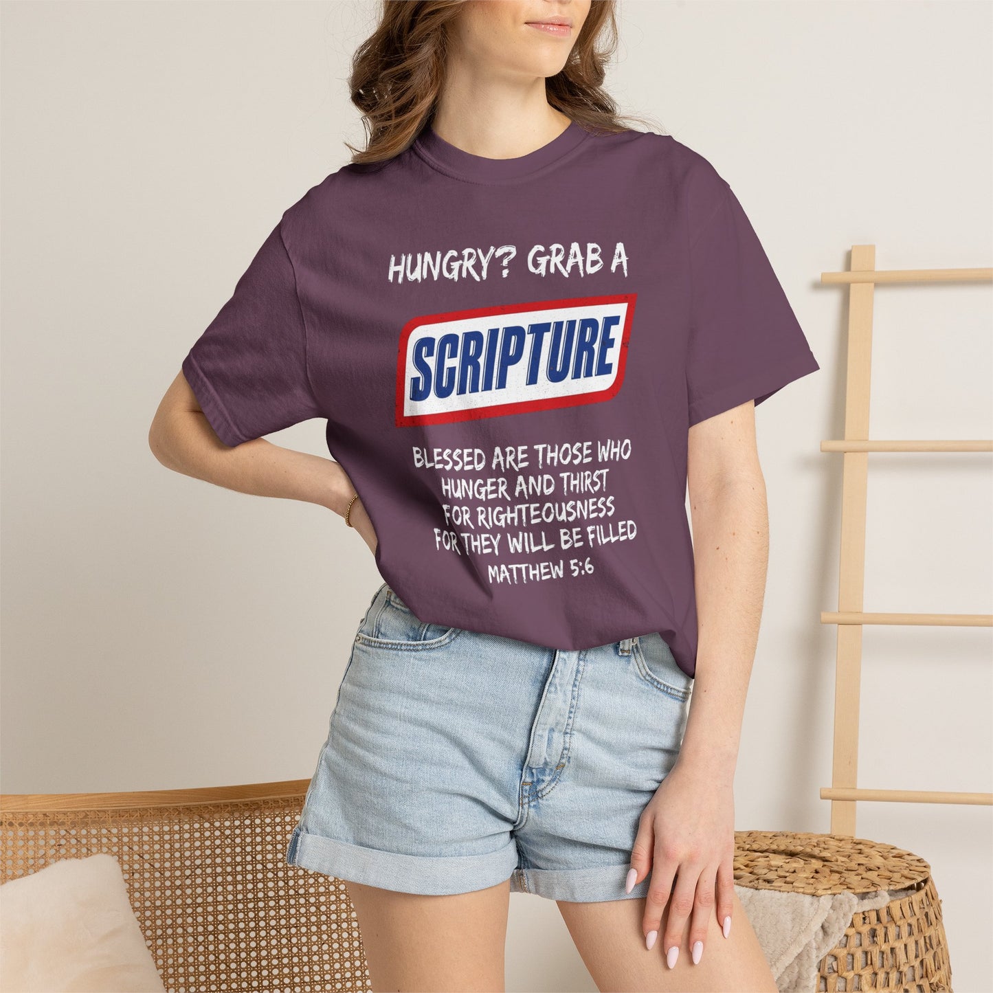 Scripture Snack T-Shirt — "Hungry? Grab a Scripture" Matthew 5:6 Christian Tee