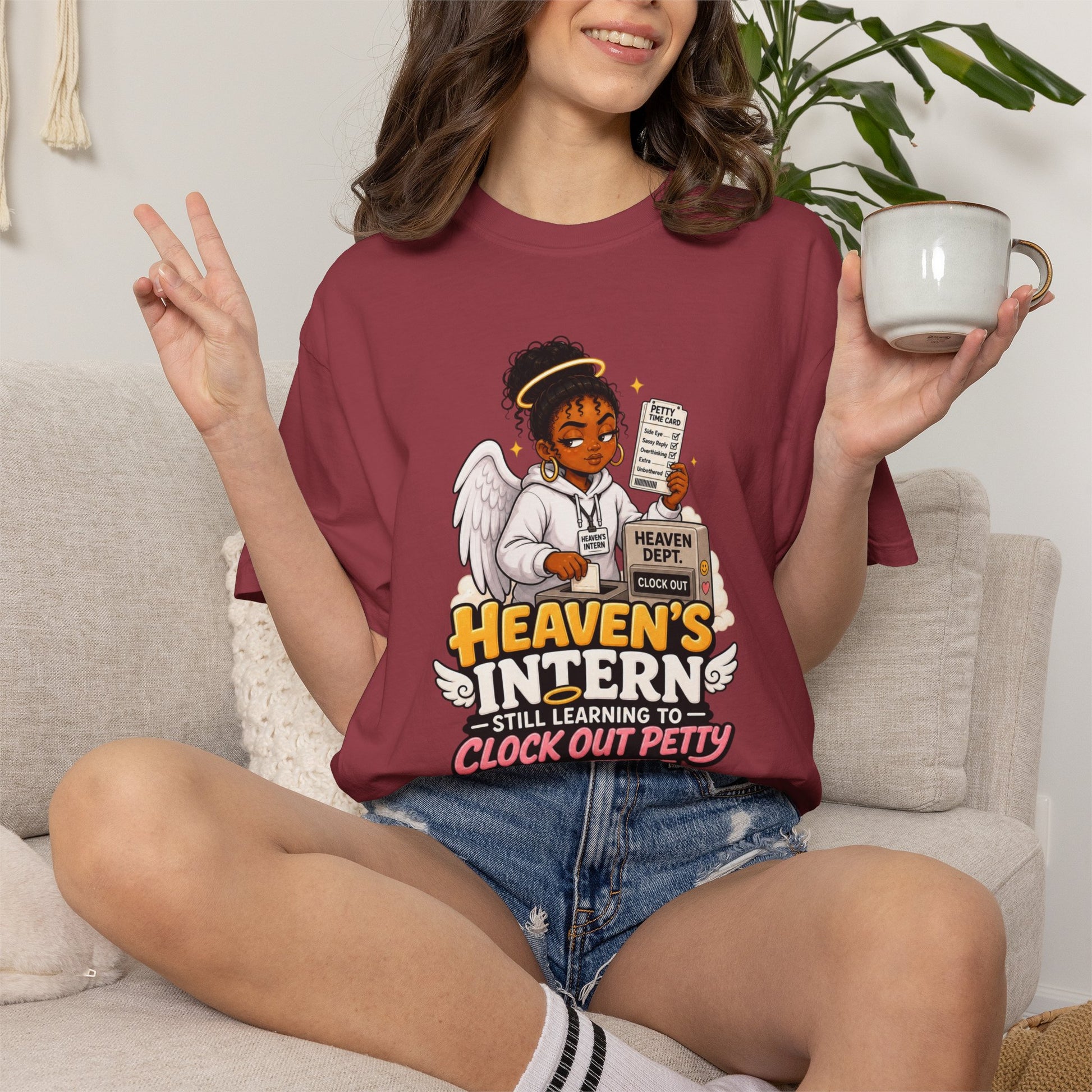 Heaven's Intern T-shirt – Funny Angel Nurse Tee ('Still Learning to Clock Out Petty') - ClaimedbyGodDesigns