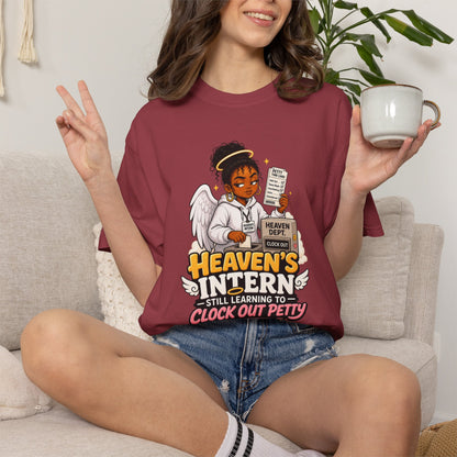 Heaven's Intern T-shirt – Funny Angel Nurse Tee ('Still Learning to Clock Out Petty') - ClaimedbyGodDesigns