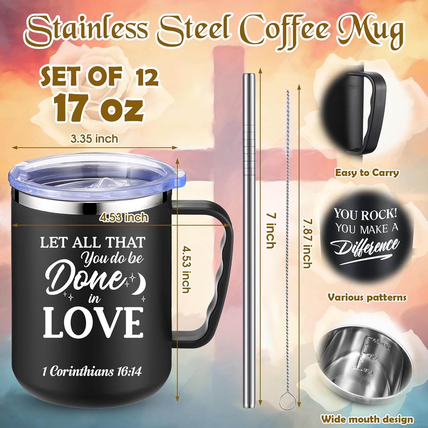 12 Pcs Bible Verse Christian Gift Insulated Coffee Mug with Lid and Handle 17 oz claimedbygoddesigns