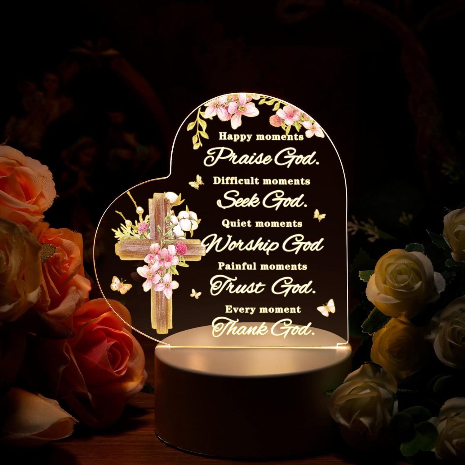 Praise God Acrylic Heart Night Light with Warm Colors LED Lamp Base Christian Gift Idea claimedbygoddesigns