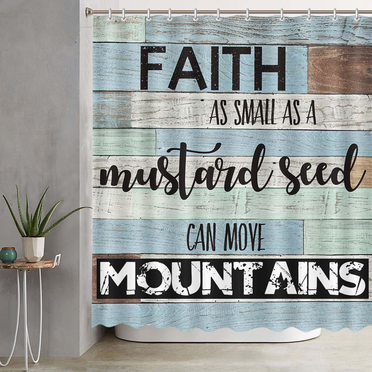 Faith As Small As A Mustard Seed Can Move Mountains Christian Shower Curtain with 12 Plastic Hooks claimedbygoddesigns