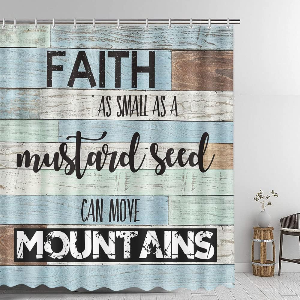 Faith As Small As A Mustard Seed Can Move Mountains Christian Shower Curtain with 12 Plastic Hooks claimedbygoddesigns
