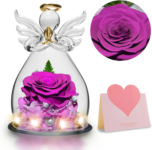 Small Preserved Rose in Guardian Angel Glass with LED Light Christian Mother's Day Gift claimedbygoddesigns