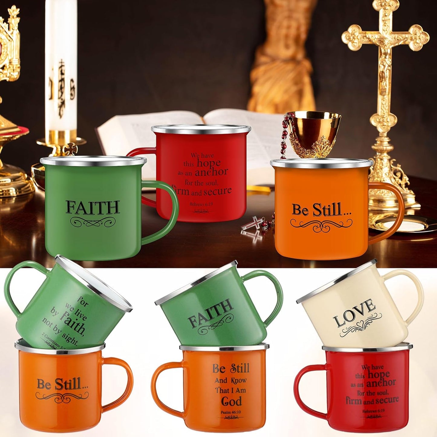 4 Pcs Love, Faith, Hope, Be Still Christian Enamel Mug 12 Oz claimedbygoddesigns