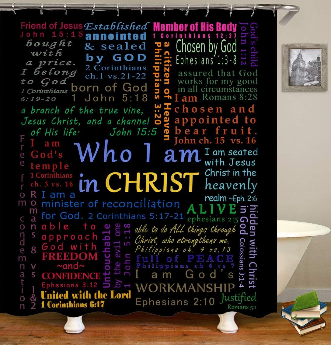 Who I Am In Christ Christian Shower Curtain with hooks claimedbygoddesigns
