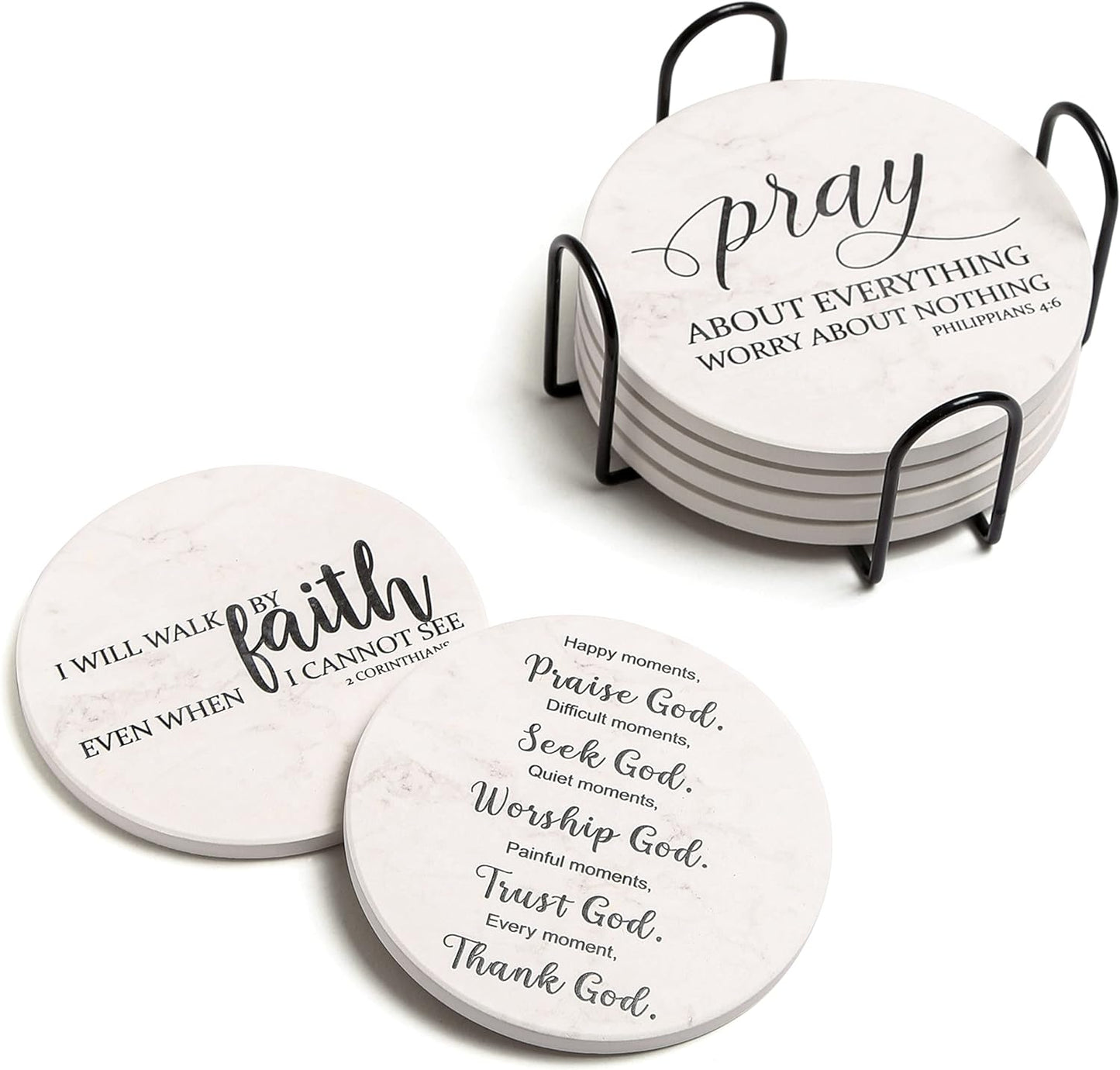 Bible Verses Coasters Christian Gift Idea, Set of 6 Absorbent Drinks Coasters with Holder Ceramic Drink Coaster with Cork Backing for Table Protection claimedbygoddesigns