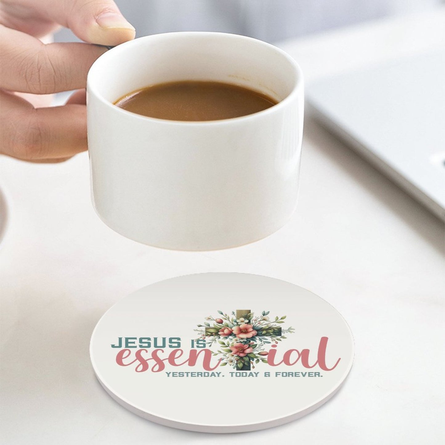 He Is Essential Christian Round Ceramic Coaster - ClaimedbyGodDesigns