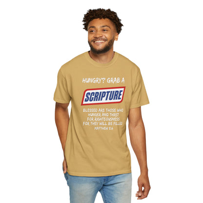 Scripture Snack T-Shirt — "Hungry? Grab a Scripture" Matthew 5:6 Christian Tee