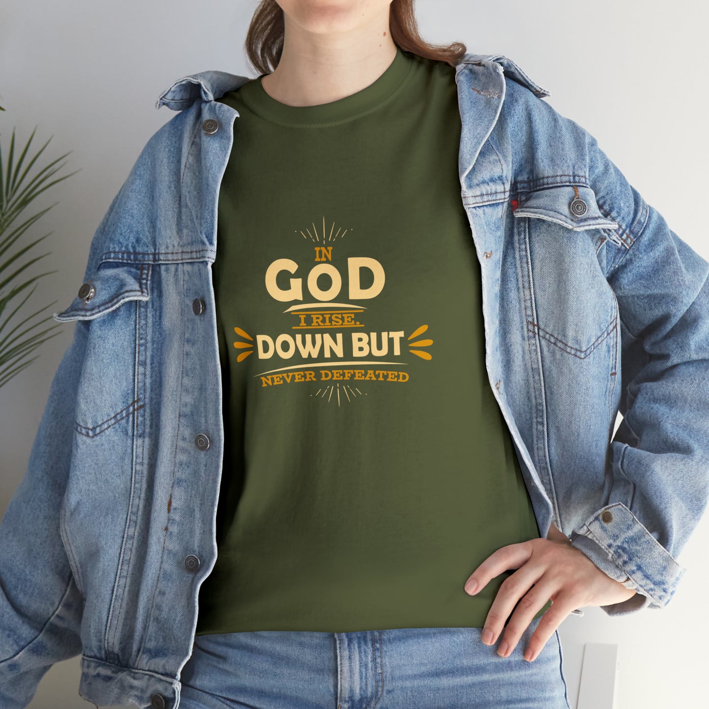 In God I Rise Down But Never Defeated  Unisex Heavy Cotton Tee