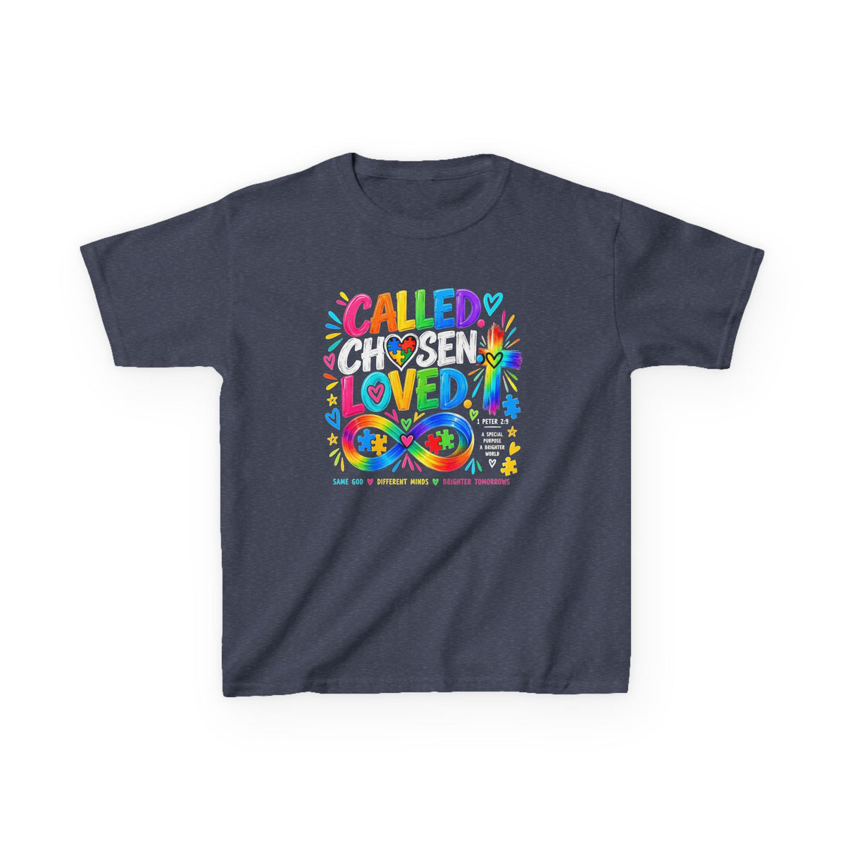 Youth Autism Awareness T-Shirt — "Called Chosen Loved" Colorful Faith Tee