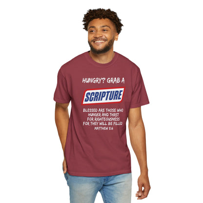 Scripture Snack T-Shirt — "Hungry? Grab a Scripture" Matthew 5:6 Christian Tee