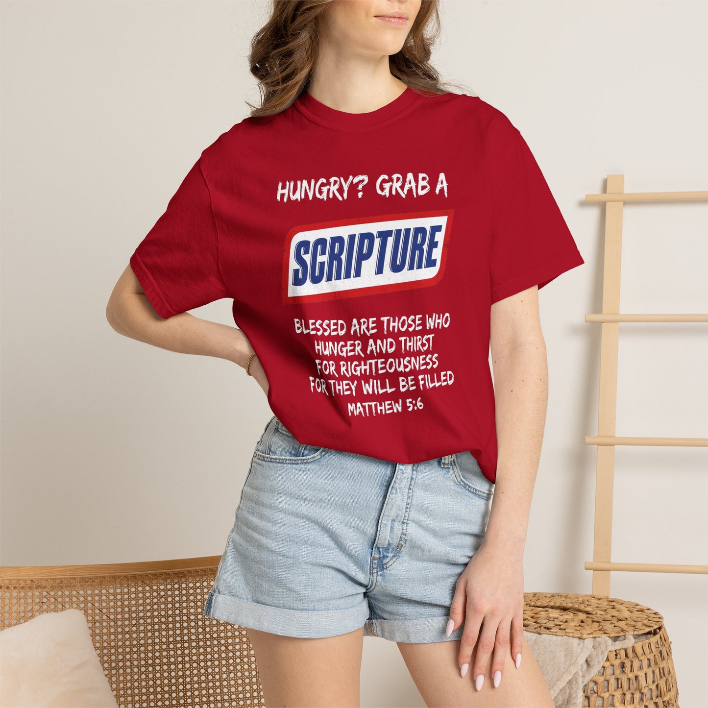 Scripture Snack T-Shirt — "Hungry? Grab a Scripture" Matthew 5:6 Christian Tee