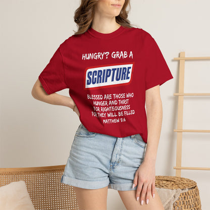 Scripture Snack T-Shirt — "Hungry? Grab a Scripture" Matthew 5:6 Christian Tee