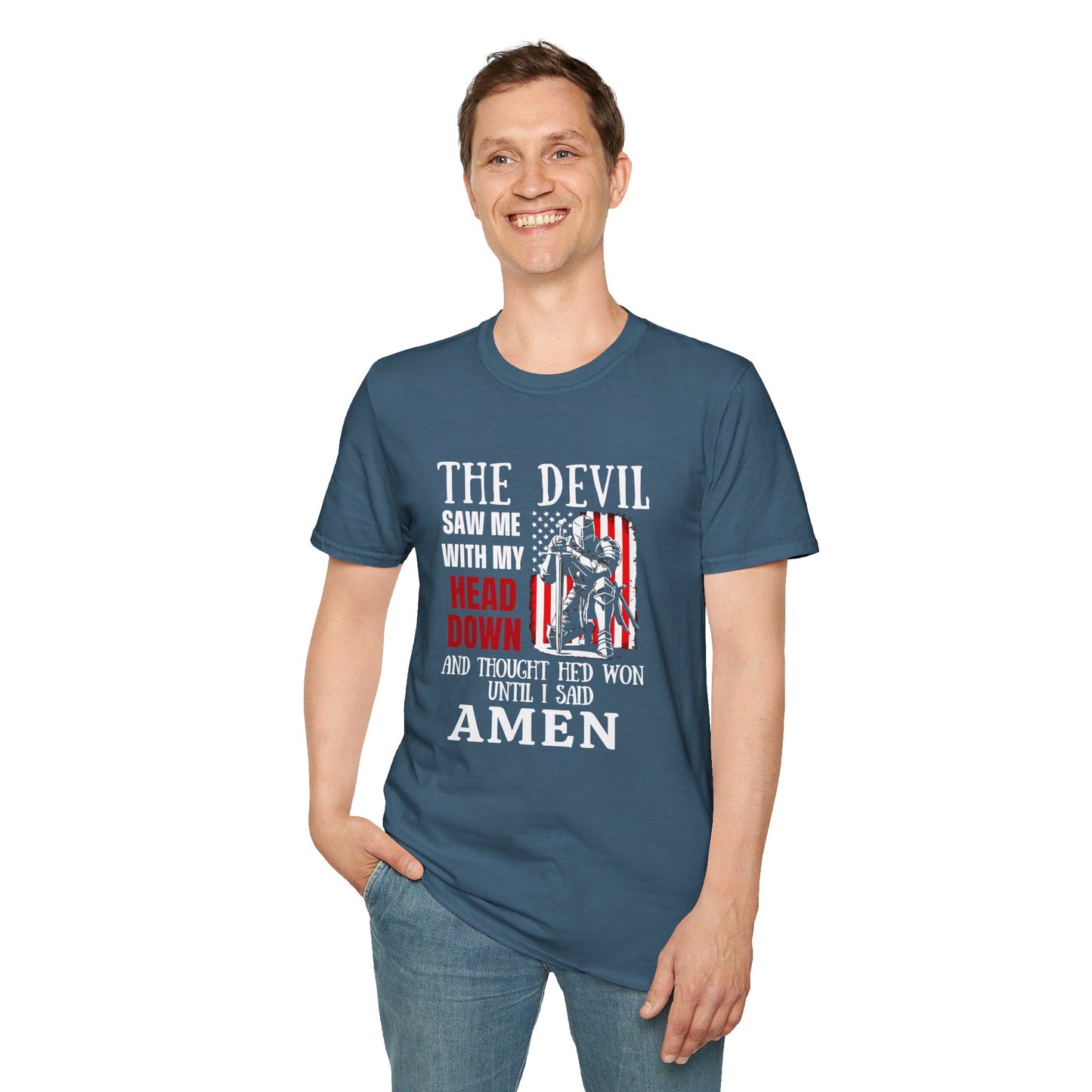 The Devil Saw Me With My Head Down And Thought He'd Won Until I Said Amen American Patriotic Flag Unisex Christian T-shirt