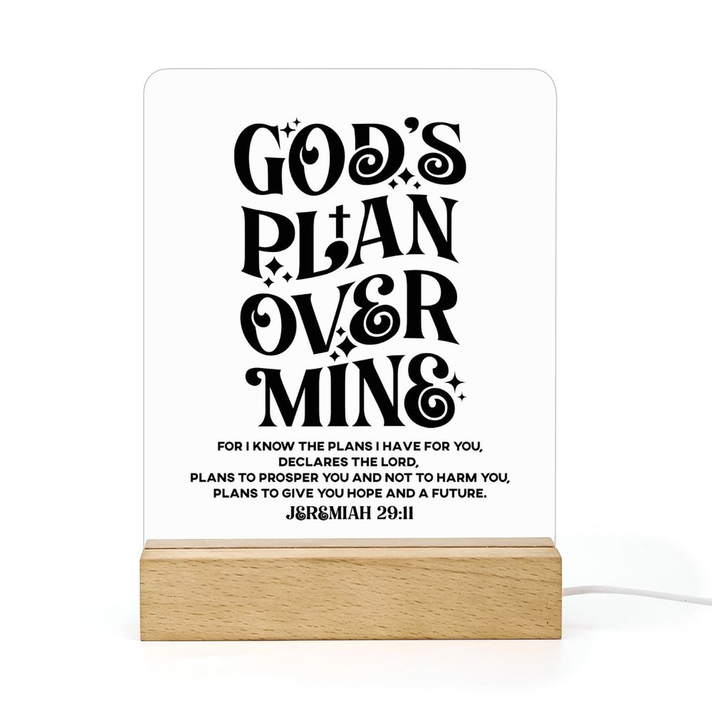 God's Plan Over Mine Christian Acrylic Night Light with Wooden Base Christian Gift Idea