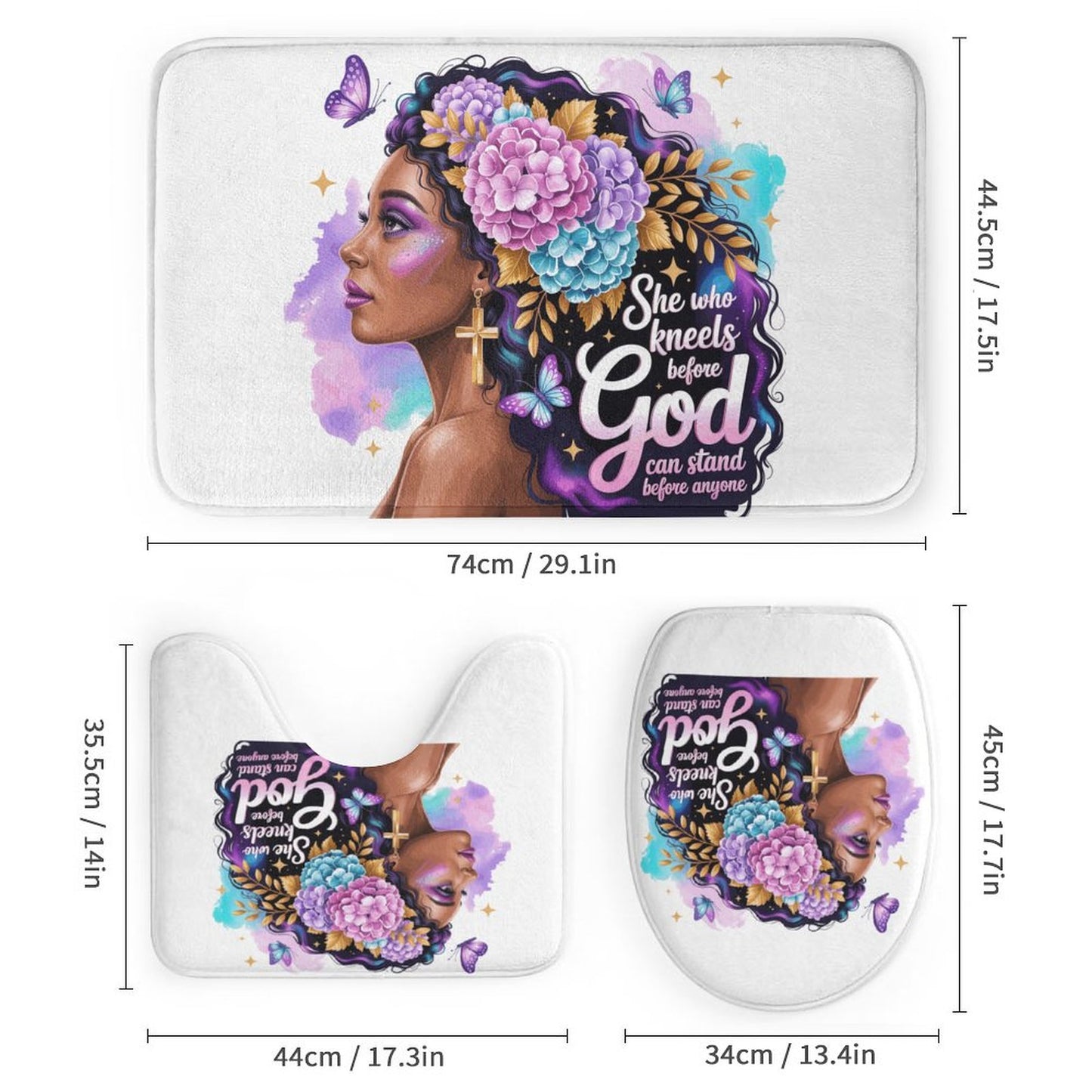 She Who Kneels (Floral Queen) Christian Shower Curtain Set with a shower curtain, a bath rug, a contour rug and a toilet lid cover. - ClaimedbyGodDesigns