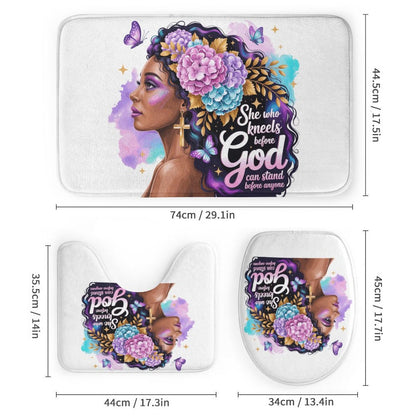 She Who Kneels (Floral Queen) Christian Shower Curtain Set with a shower curtain, a bath rug, a contour rug and a toilet lid cover. - ClaimedbyGodDesigns