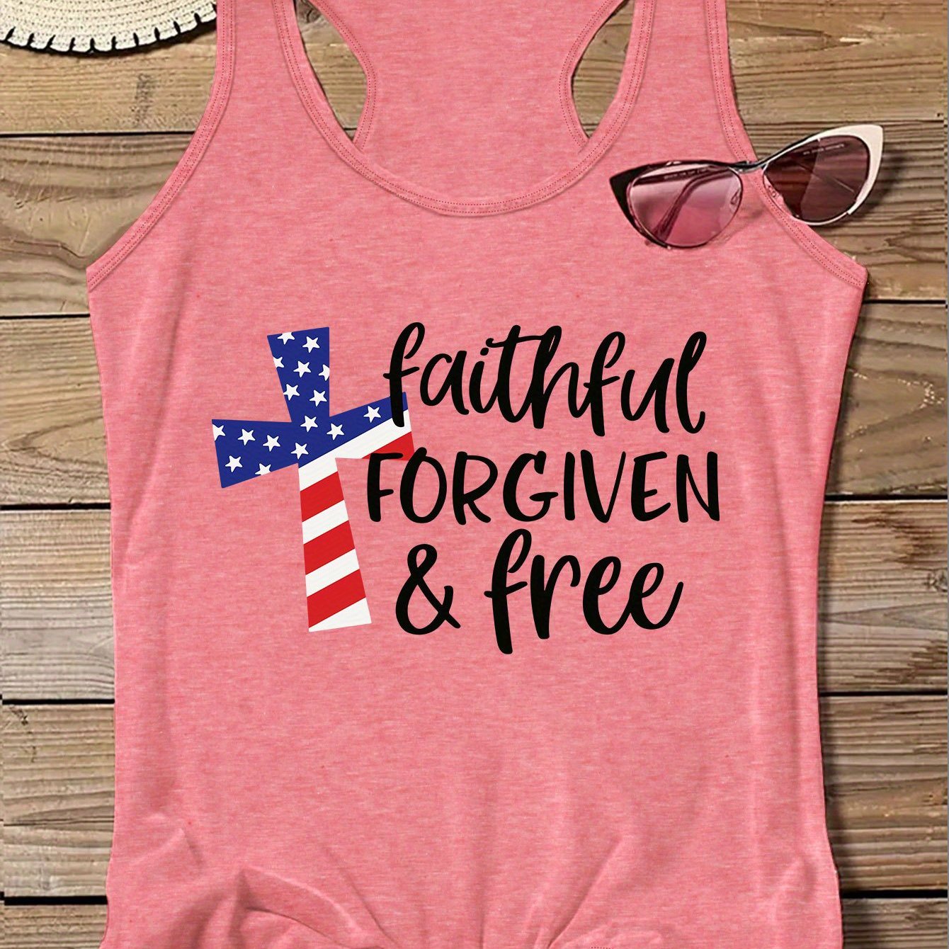 Faithful Forgiven & Free American Flag Cross Patriotic Plus Size Women's Christian Tank Top claimedbygoddesigns