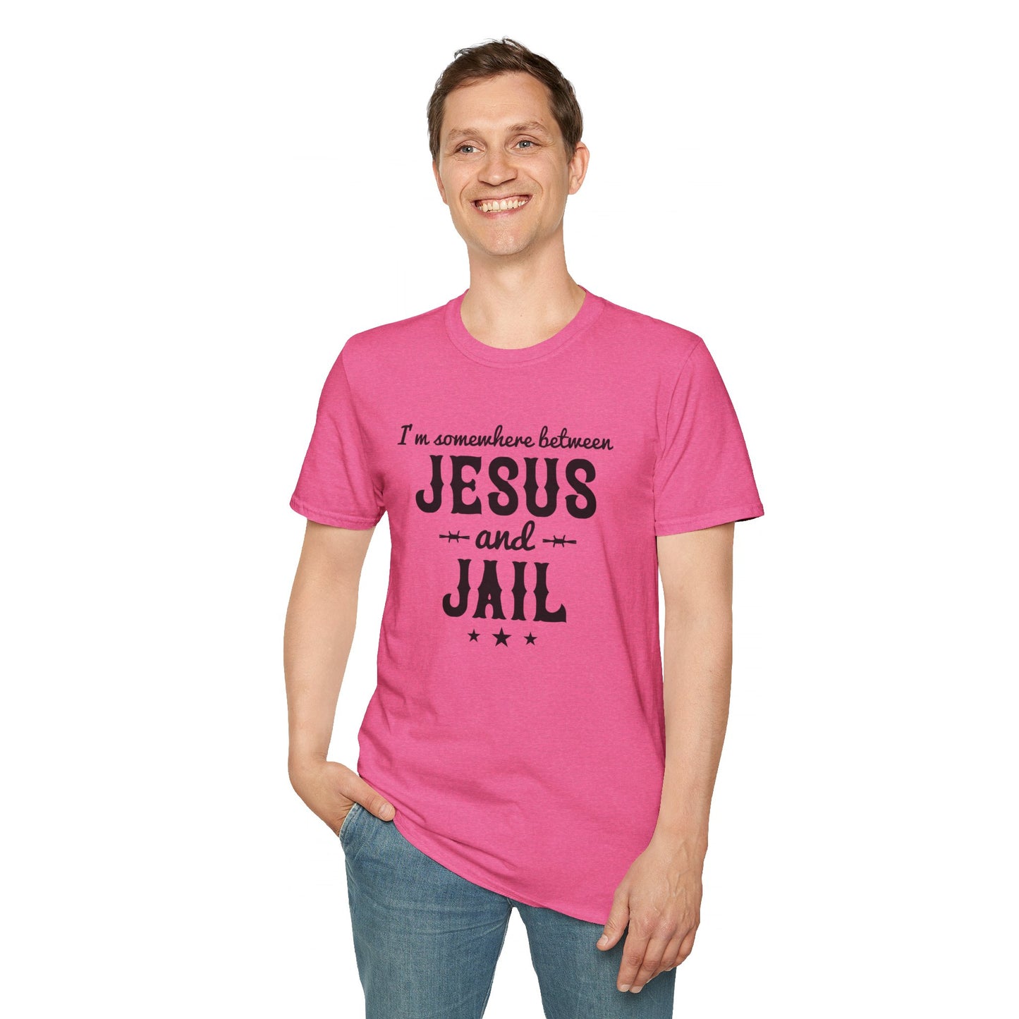 I'm Somewhere Between Jesus And Jail Funny Unisex Christian T-shirt