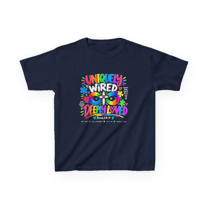 Youth Autism Awareness T-Shirt — "Uniquely Wired, Deeply Loved" Colorful Autism Pride Tee