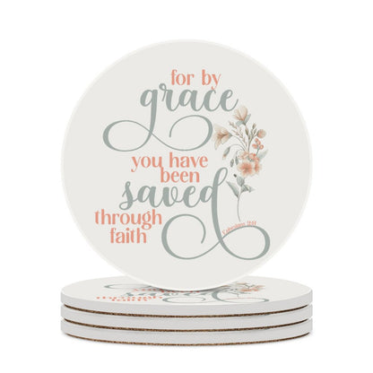 Saved Through Faith Christian Round Ceramic Coaster - ClaimedbyGodDesigns