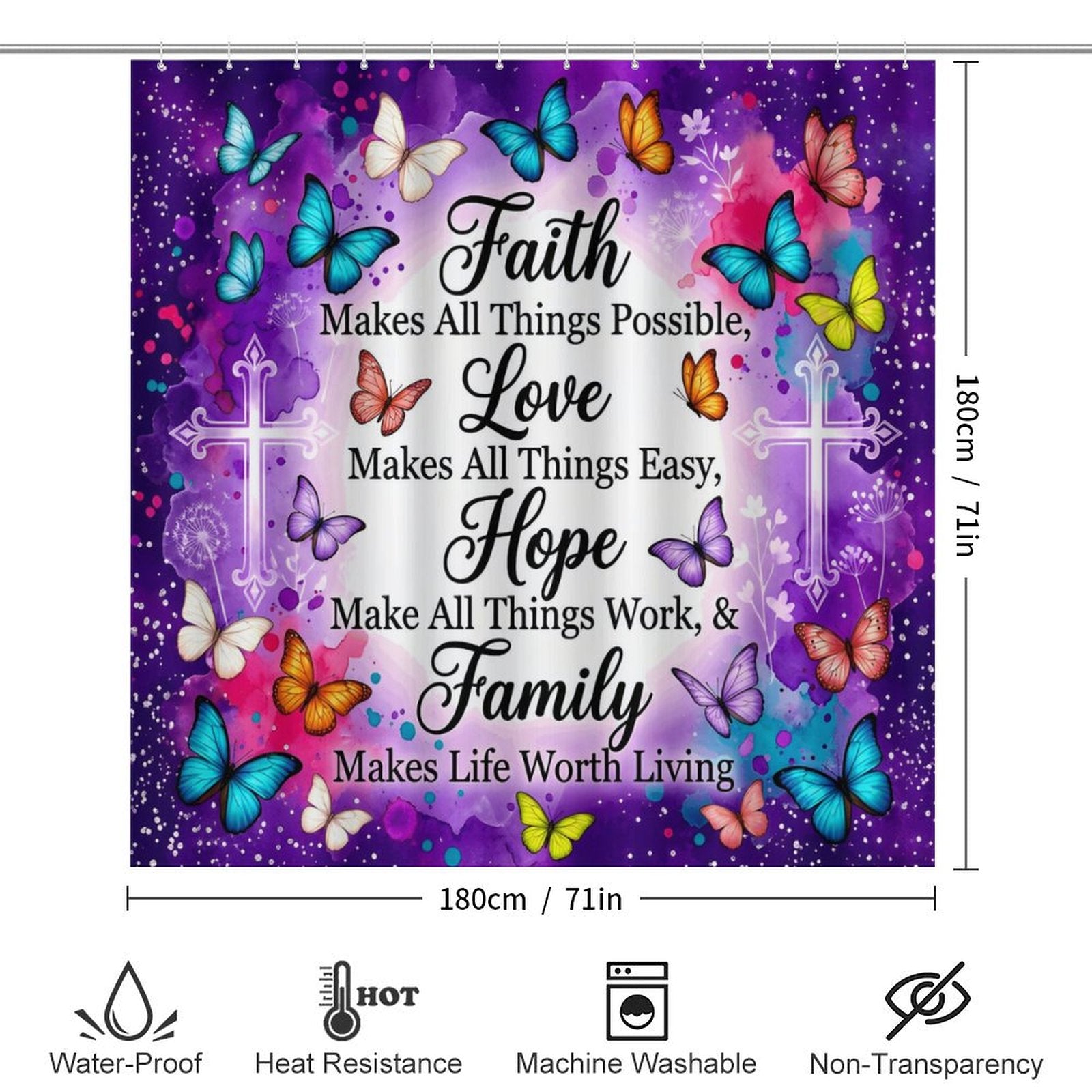 Faith Love Hope Family Christian Shower Curtain Set with a bath rug, a contour rug and a toilet lid - ClaimedbyGodDesigns