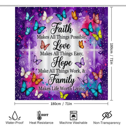 Faith Love Hope Family Christian Shower Curtain Set with a bath rug, a contour rug and a toilet lid - ClaimedbyGodDesigns