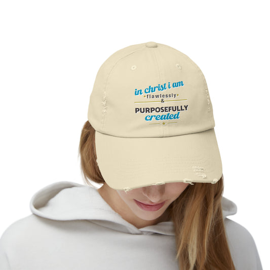 In Christ I Am Flawlessly & Purposefully Created Unisex Christian Distressed Hat Printify