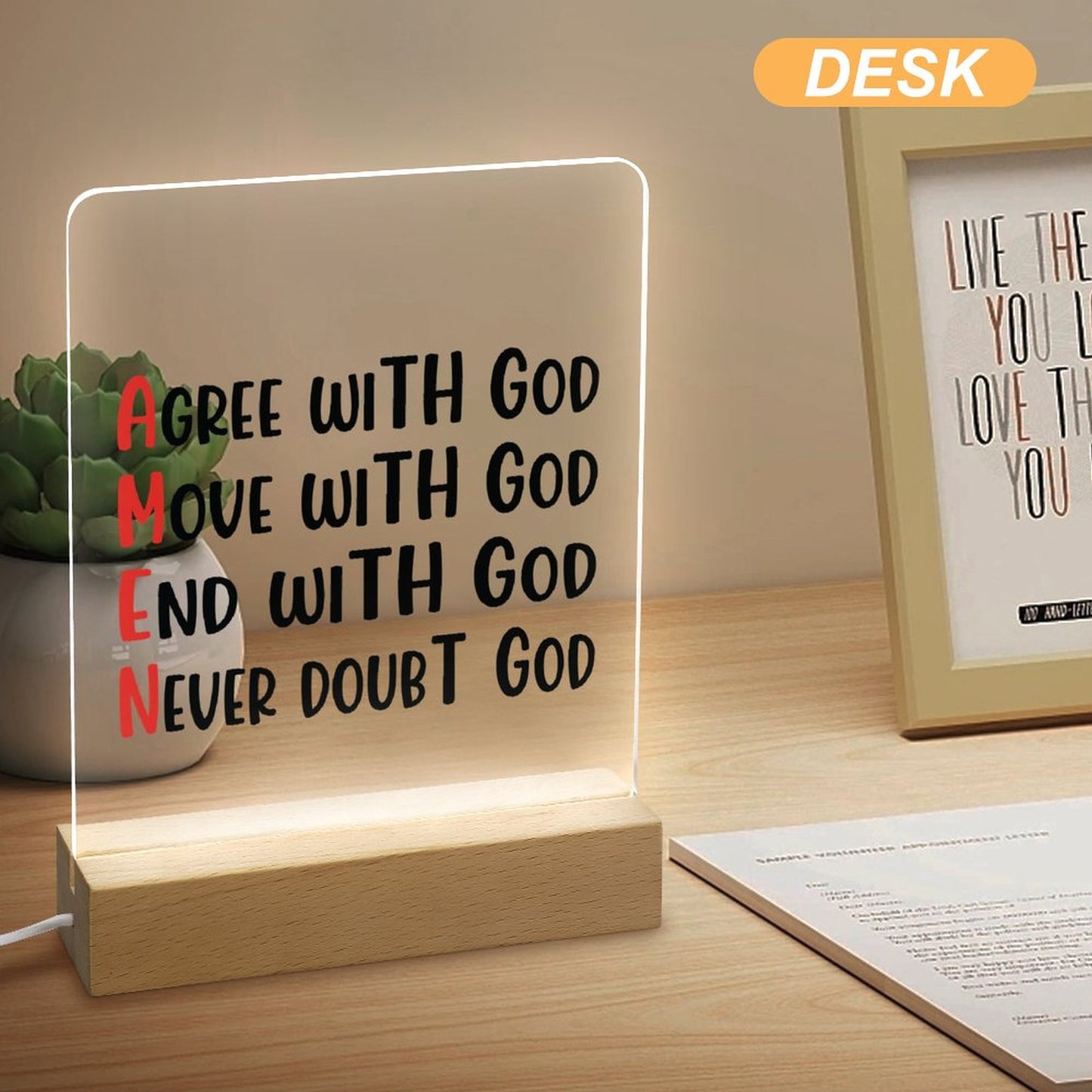 Amen Agree Move End With God Never Doubt God Christian Acrylic Night Light with Wooden Base Christian Gift Idea