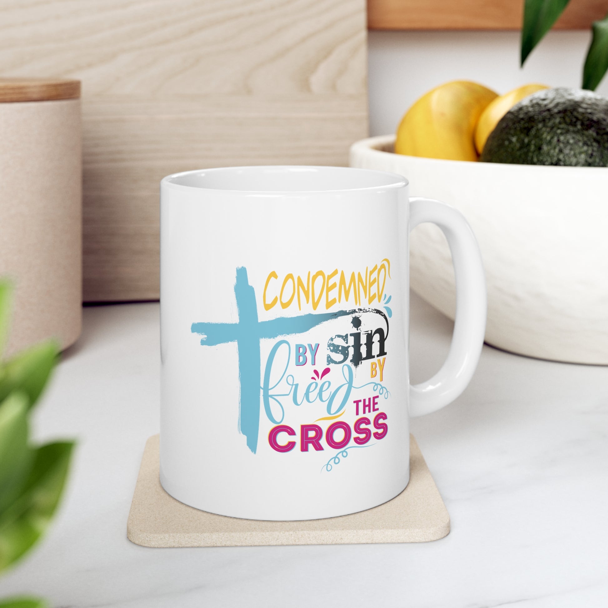 Condemned by Sin Freed By The Cross Christian White Ceramic Mug 11oz (double sided print) Printify