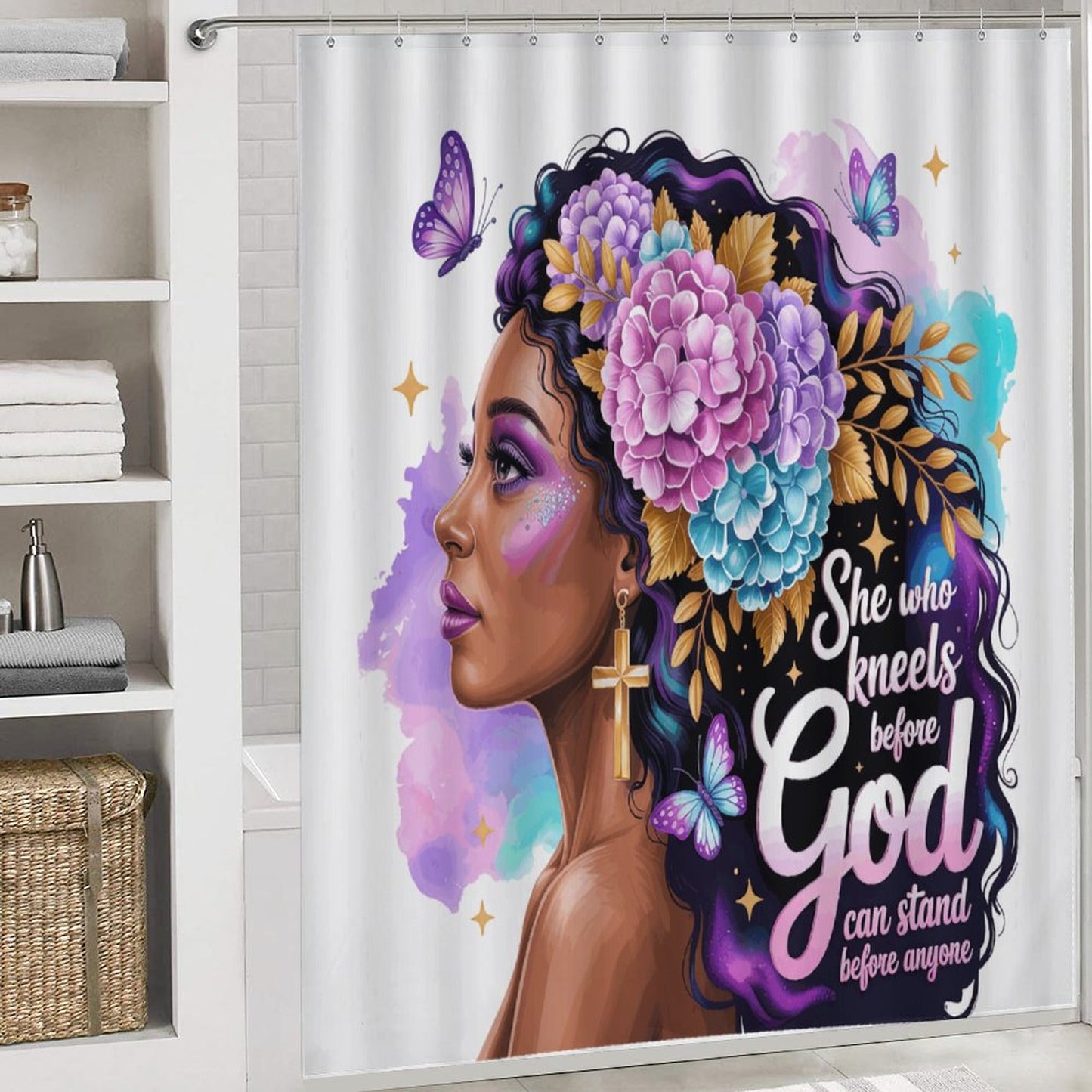 She Who Kneels (Floral Queen) Christian Shower Curtain Set with a shower curtain, a bath rug, a contour rug and a toilet lid cover. - ClaimedbyGodDesigns