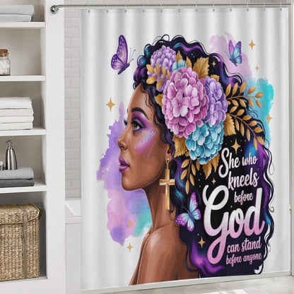She Who Kneels (Floral Queen) Christian Shower Curtain Set with a shower curtain, a bath rug, a contour rug and a toilet lid cover. - ClaimedbyGodDesigns