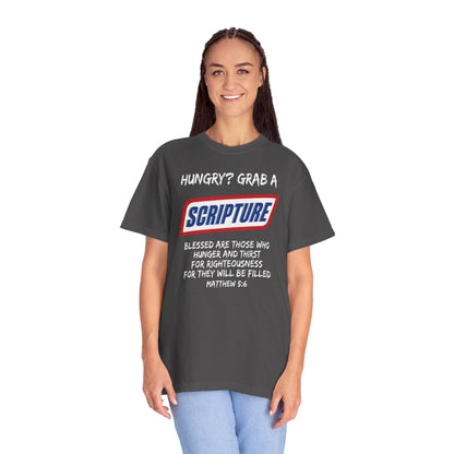 Scripture Snack T-Shirt — "Hungry? Grab a Scripture" Matthew 5:6 Christian Tee