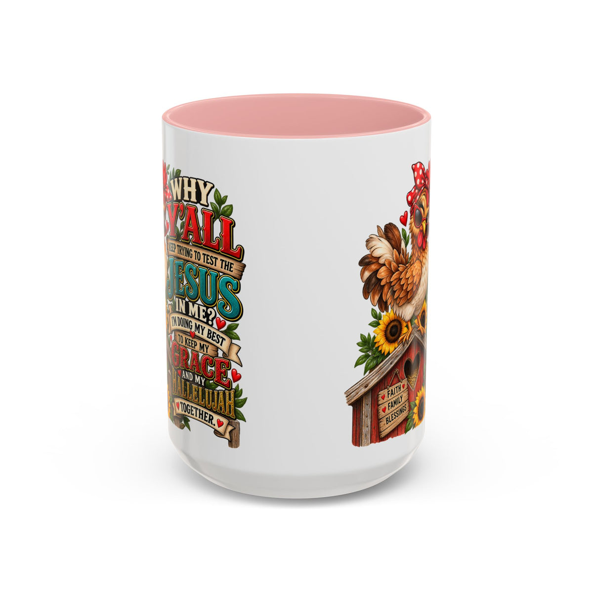Christian Farmhouse Coffee Mug — "Why Y'all Keep Trying to Put Jesus in Me?" Accent Mug