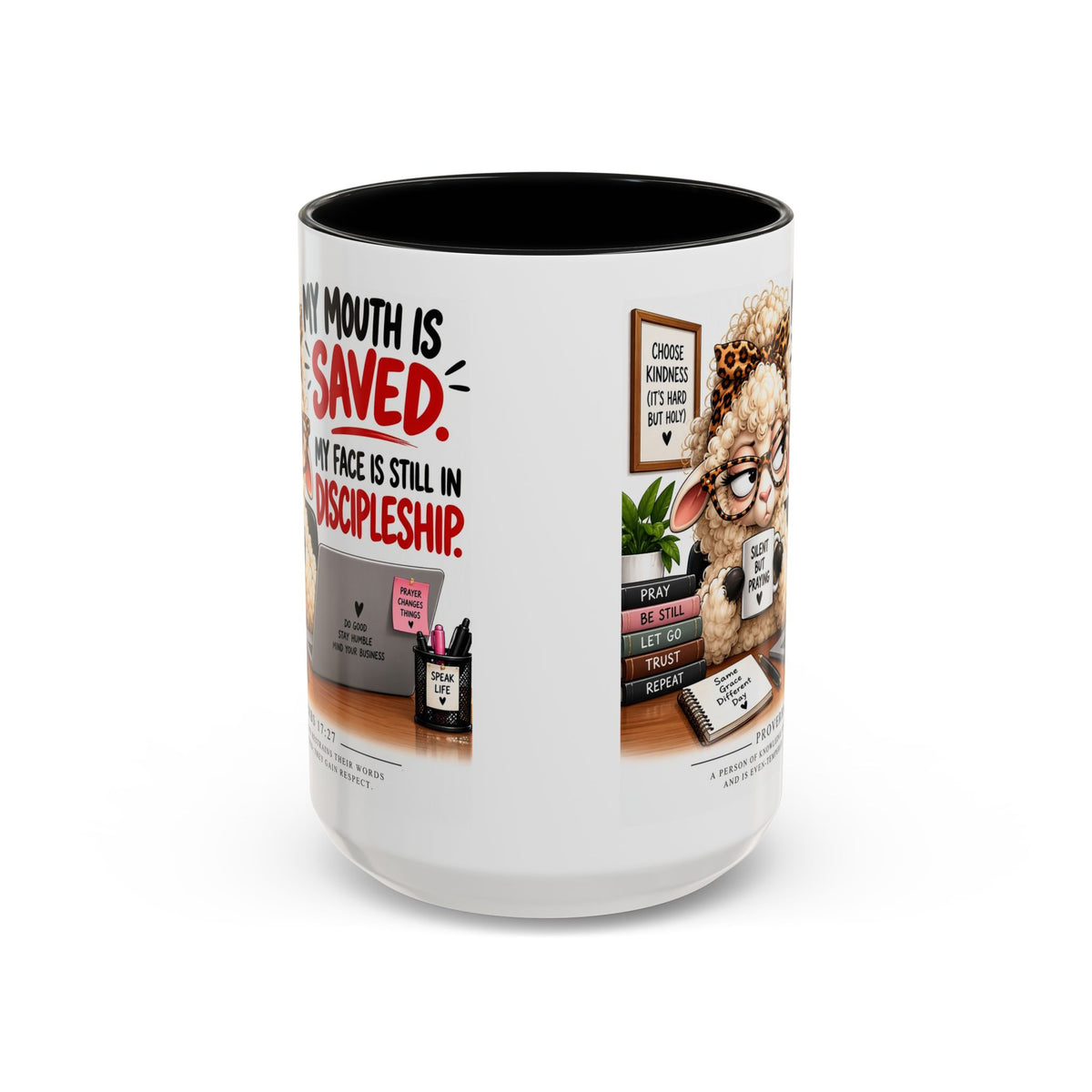 Saved & Sassy Sheep Coffee Mug — "My Mouth Is Saved, My Face Is Still In Discipleship" Accent Mug