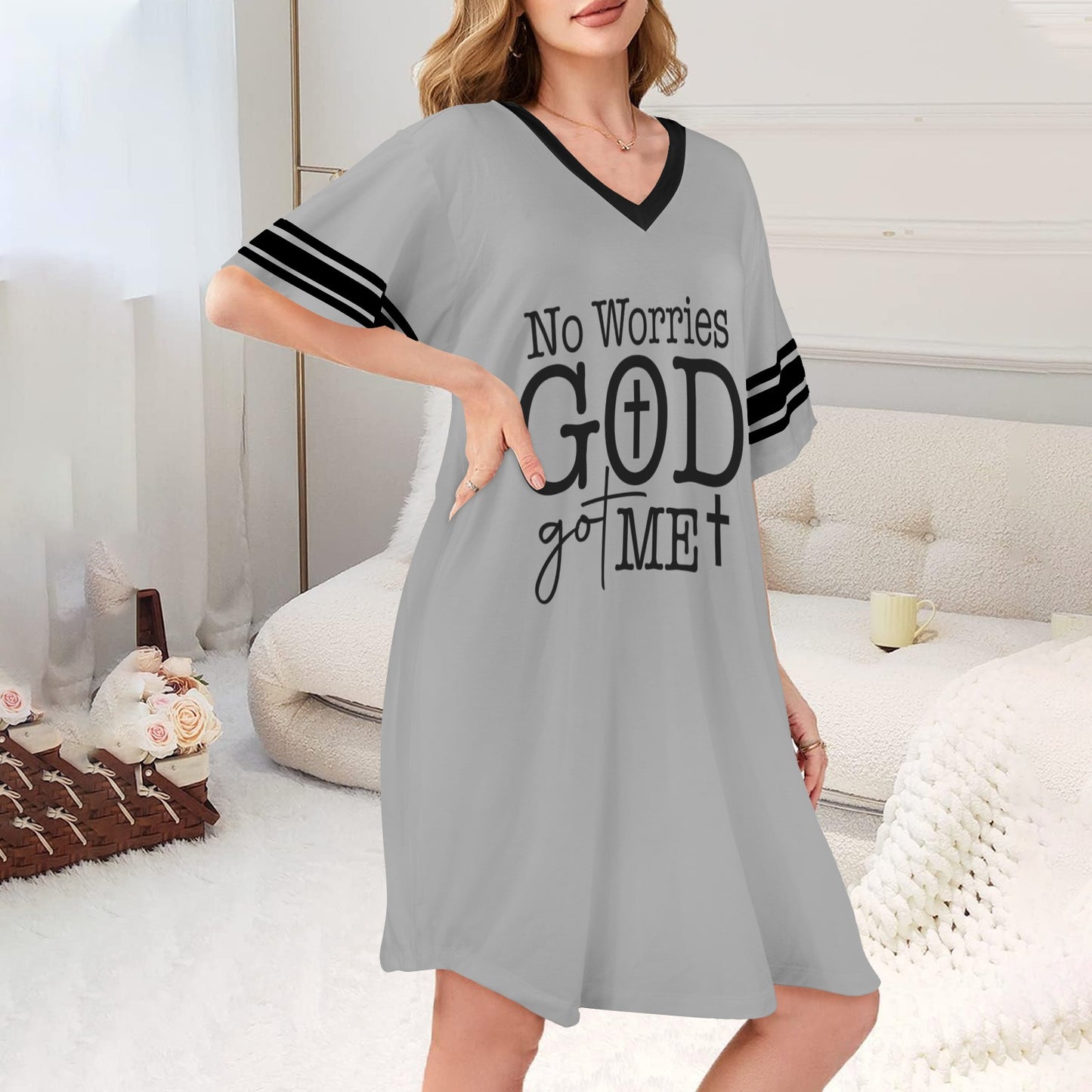 No Worries God Got Me Christian Women's V-Neck Short Sleeved Nightdresses