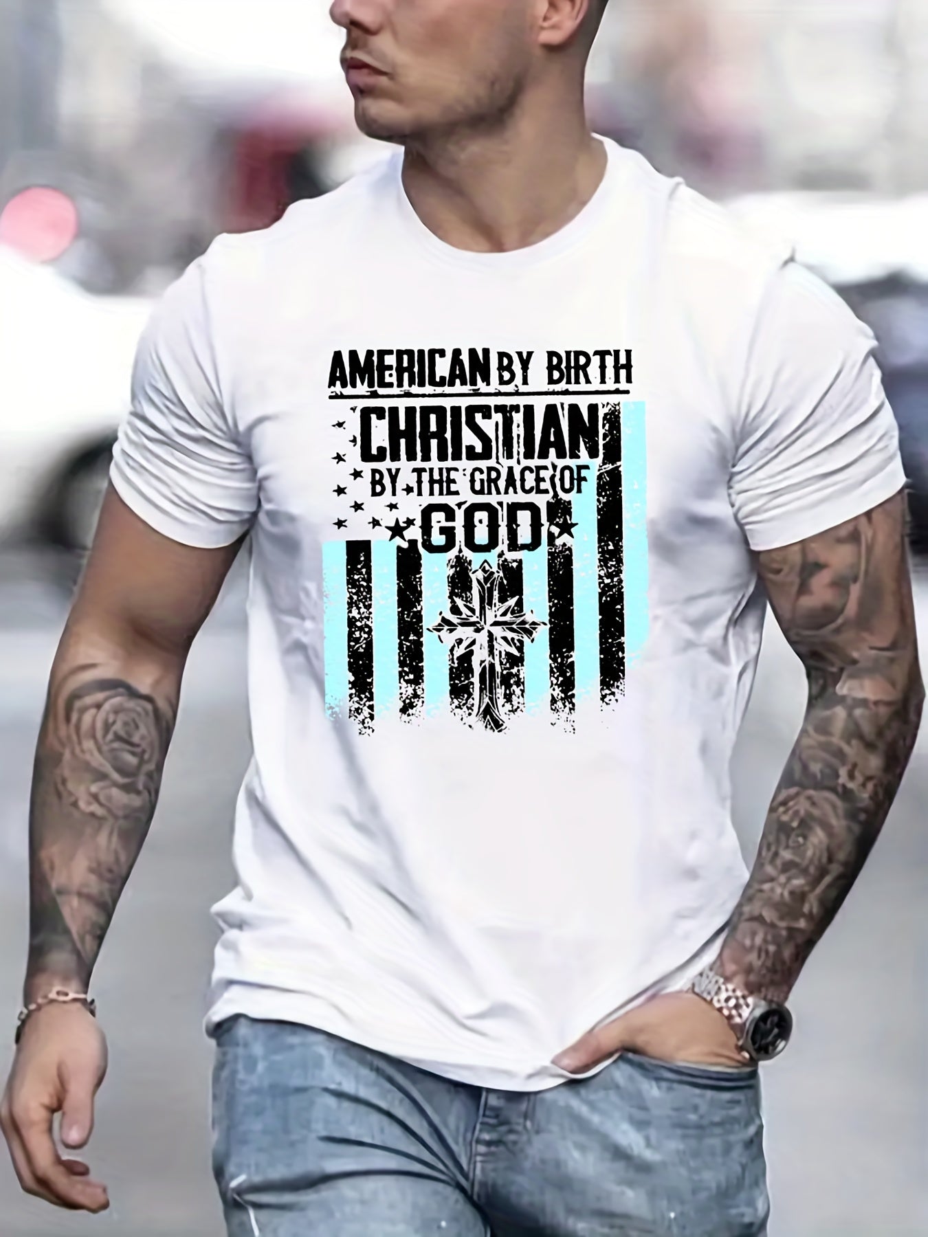 American By Birth Christian By The Grace Of God Men's Christian T-shirt claimedbygoddesigns