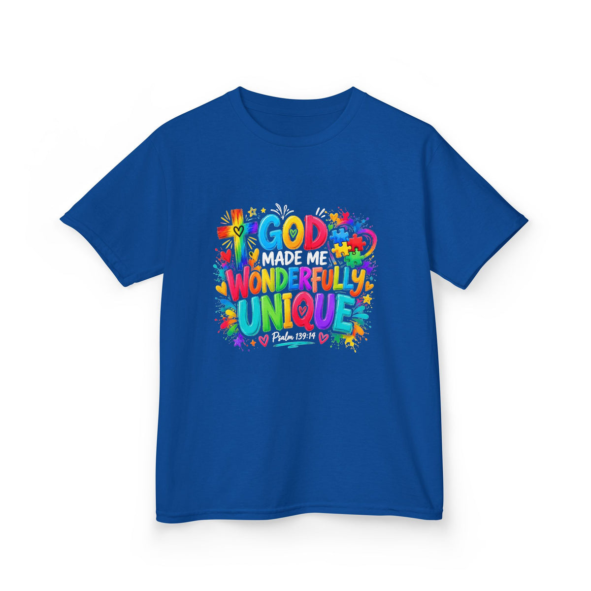 Youth Autism Awareness T-Shirt — "God Made Me Wonderfully Unique" Colorful Faith Tee