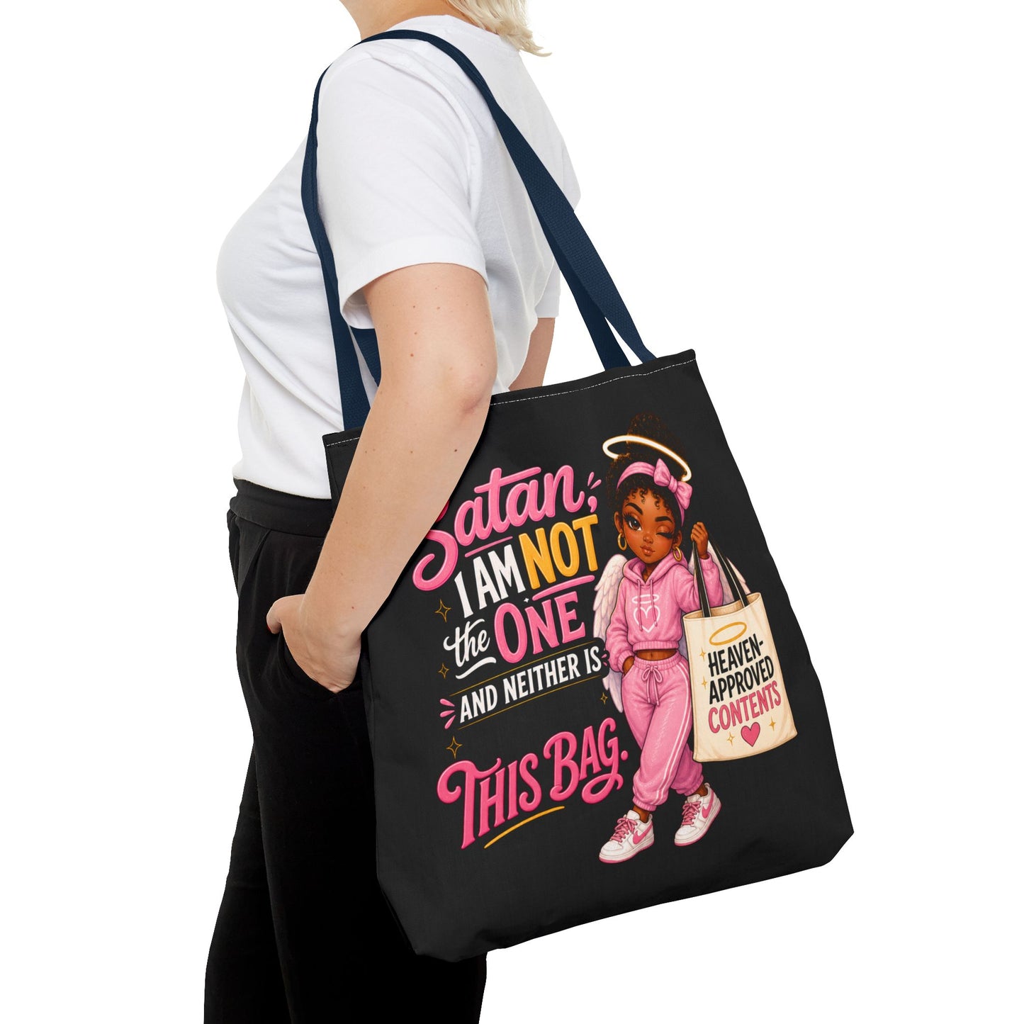 Tote Bag — "Satan I Am Not The One" Retro Angel Girl Tote (Heaven Approved Content) - ClaimedbyGodDesigns