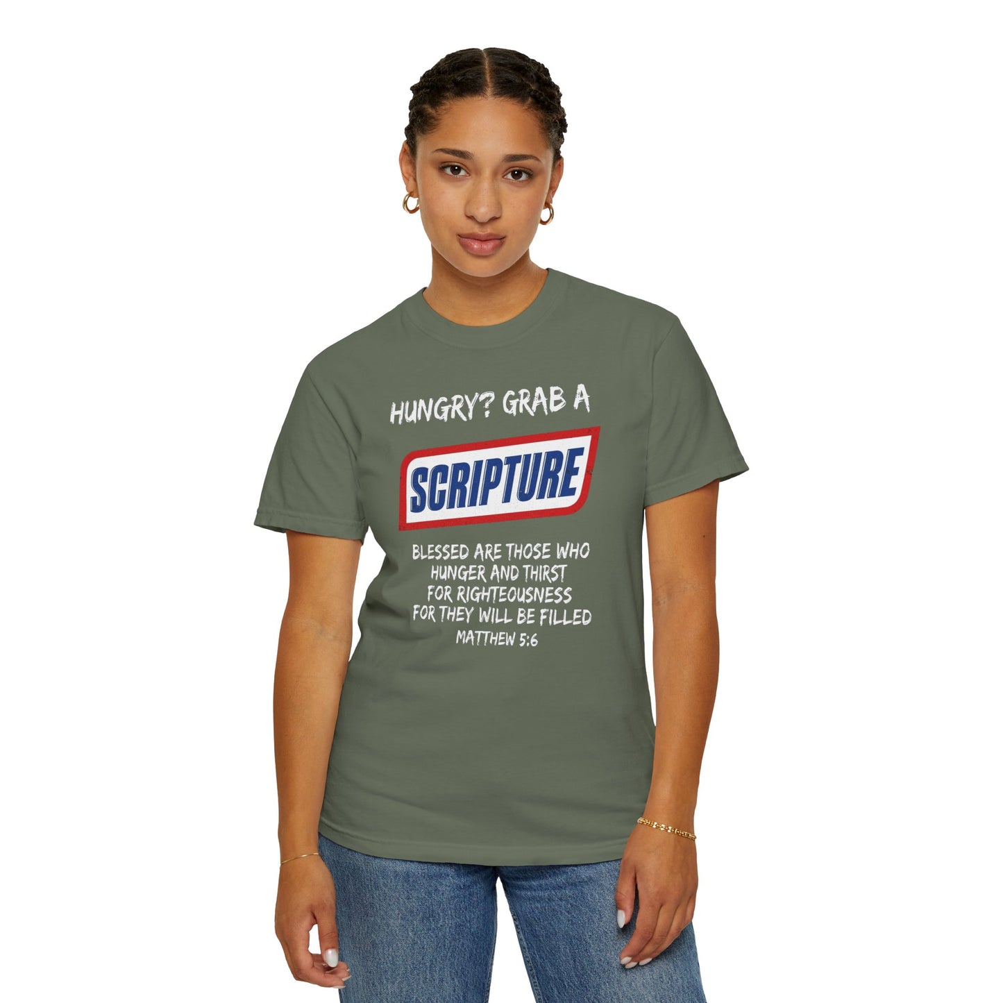 Scripture Snack T-Shirt — "Hungry? Grab a Scripture" Matthew 5:6 Christian Tee