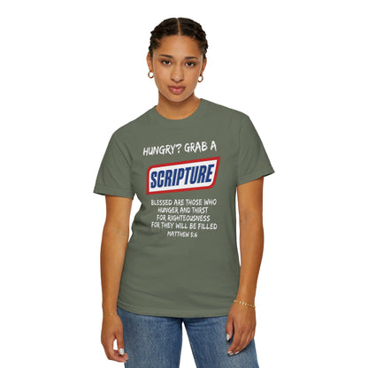 Scripture Snack T-Shirt — "Hungry? Grab a Scripture" Matthew 5:6 Christian Tee