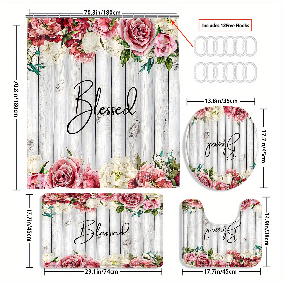 Blessed Christian Shower Curtain or Set With 12 Hooks, Bathroom Rug, Toilet U-Shape Mat, Toilet Lid Cover Pad 70.8x70.8in claimedbygoddesigns
