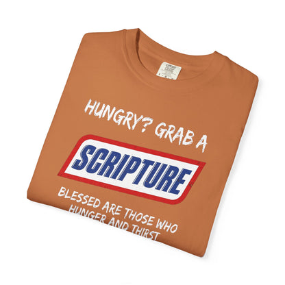 Scripture Snack T-Shirt — "Hungry? Grab a Scripture" Matthew 5:6 Christian Tee