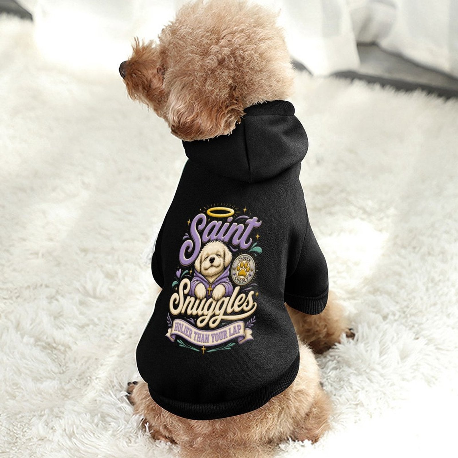 Saint Snuggles Holier Than Your Lap Christian Pet Hooded Pullover Sweatshirt Dog Hoodie Warm, Soft & Breathable - ClaimedbyGodDesigns