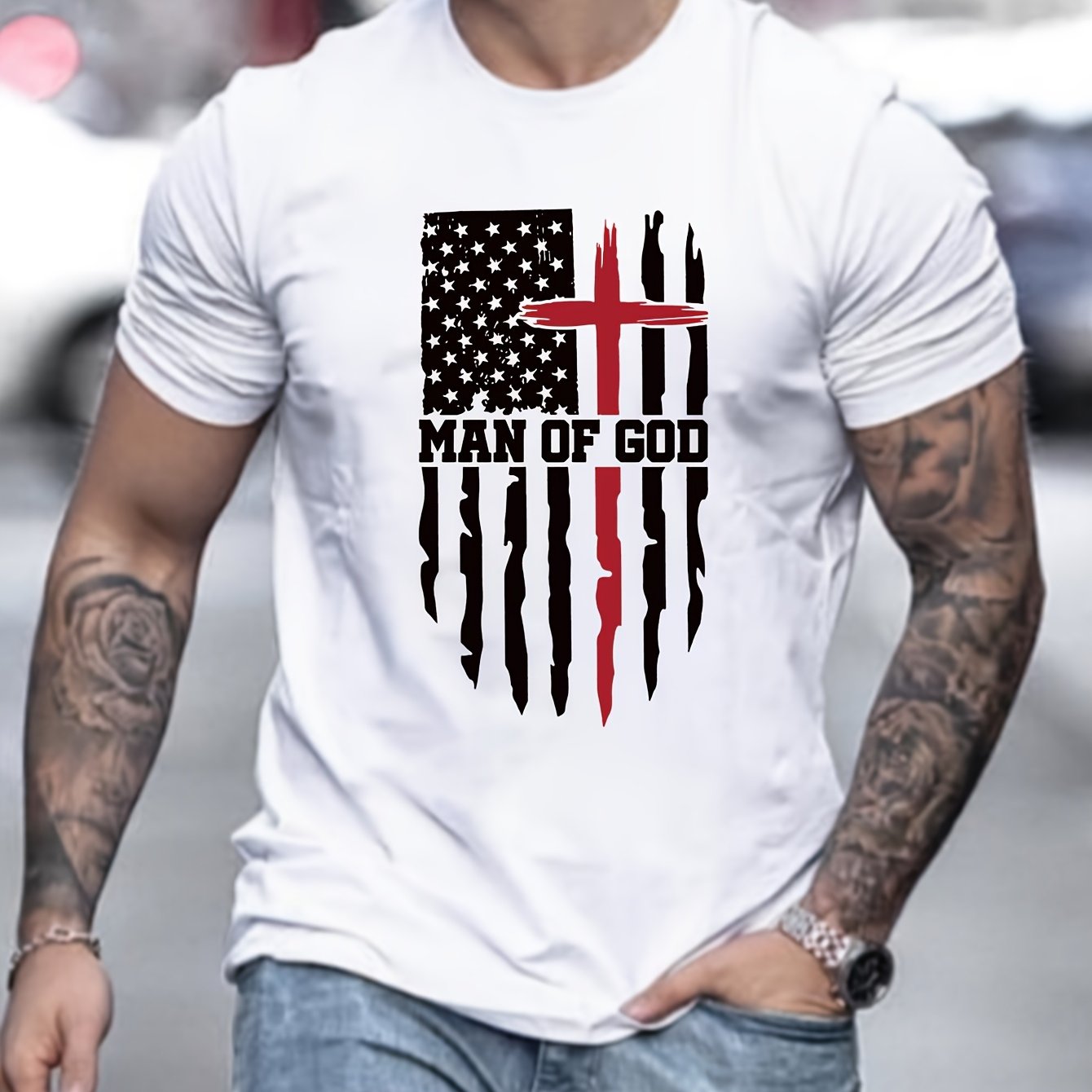 Man Of God Patriotic American Flag Men's Christian T-shirt claimedbygoddesigns