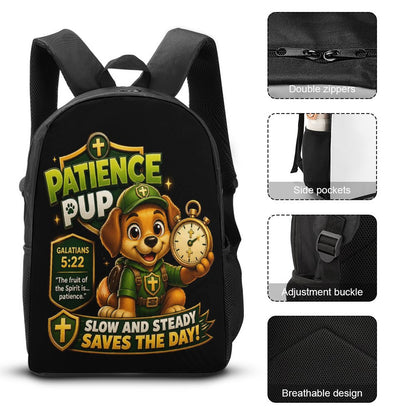 Patience Pup Christian 3 PCS Bag Set (Backpack, Lunch Bag and Pencil Case) - ClaimedbyGodDesigns
