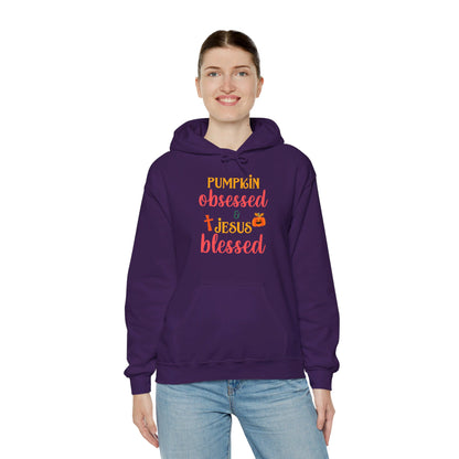 Pumpkin Obsessed And Blessed by Him Halloween Unisex Christian Pullover Hooded Sweatshirt